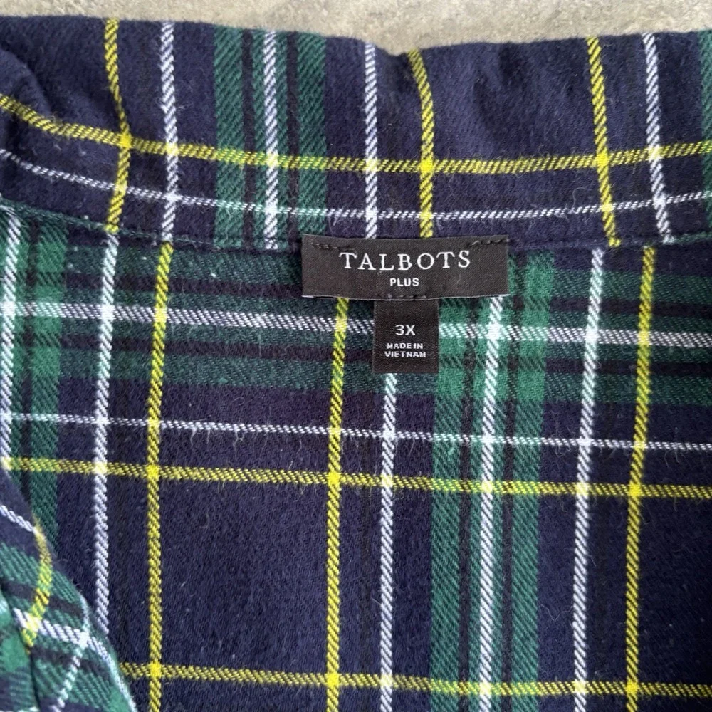 Talbots Flannel Pajamas Set Green Blue Plaid Cotton Long Button Down Pants 3X